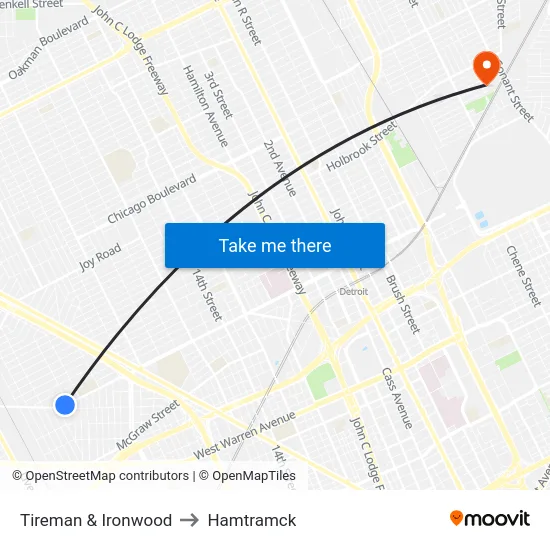 Tireman & Ironwood to Hamtramck map