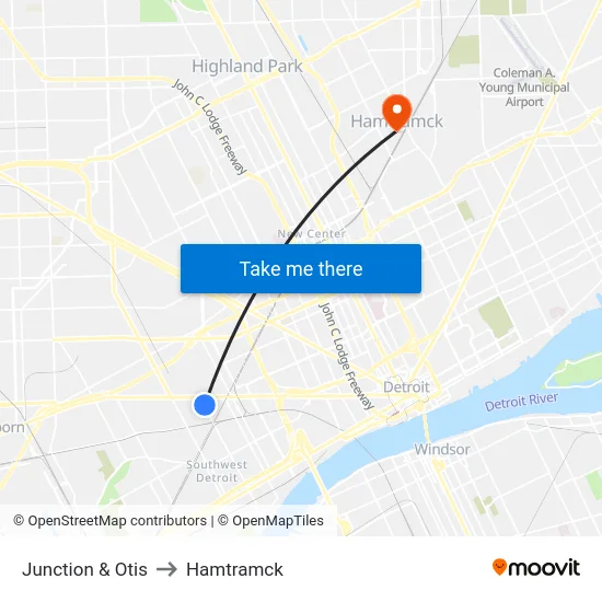 Junction & Otis to Hamtramck map
