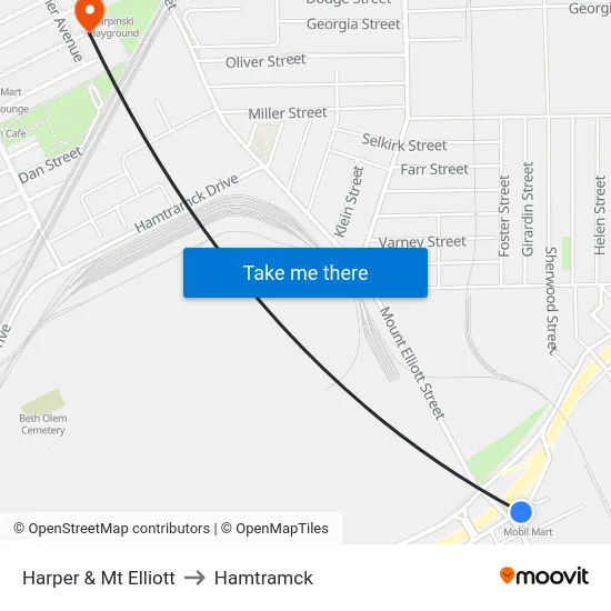 Harper & Mt Elliott to Hamtramck map