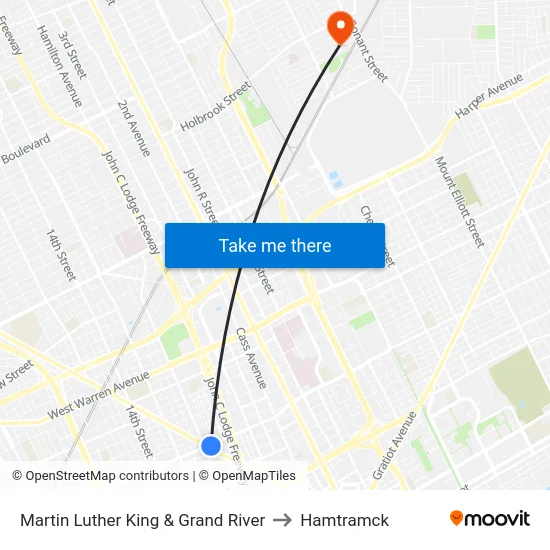 Martin Luther King & Grand River to Hamtramck map