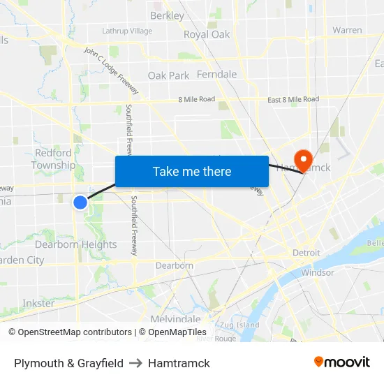 Plymouth & Grayfield to Hamtramck map