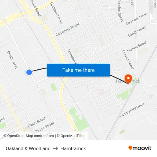 Oakland & Woodland to Hamtramck map
