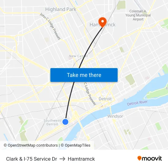 Clark & I-75 Service Dr to Hamtramck map
