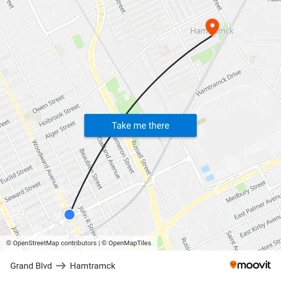 Grand Blvd to Hamtramck map