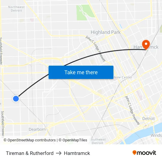Tireman & Rutherford to Hamtramck map