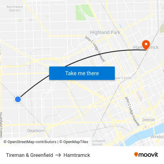 Tireman & Greenfield to Hamtramck map