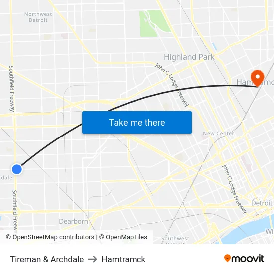 Tireman & Archdale to Hamtramck map
