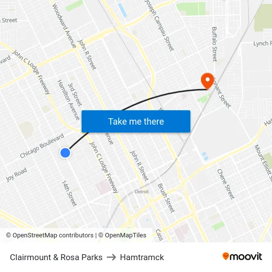 Clairmount & Rosa Parks to Hamtramck map