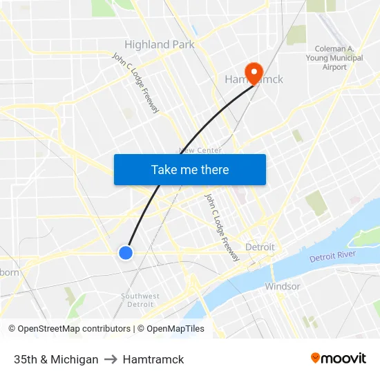35th & Michigan to Hamtramck map
