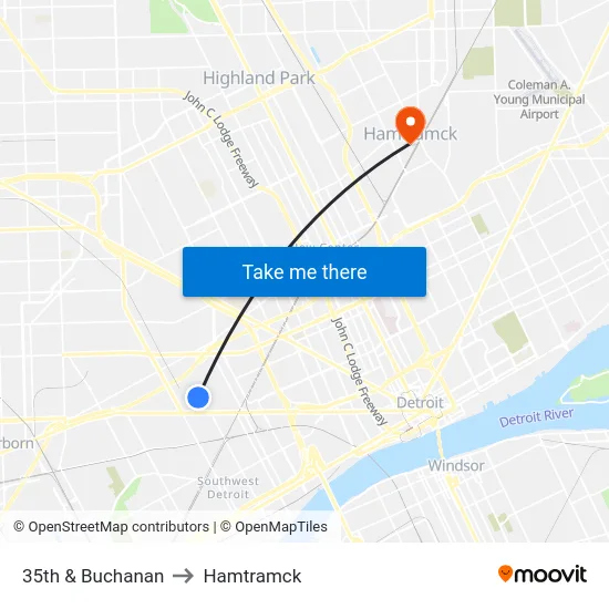 35th & Buchanan to Hamtramck map