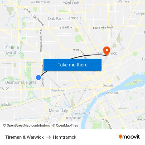 Tireman & Warwick to Hamtramck map