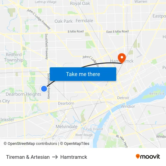Tireman & Artesian to Hamtramck map