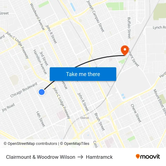 Clairmount & Woodrow Wilson to Hamtramck map