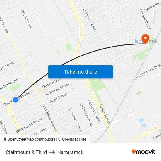 Clairmount & Third to Hamtramck map