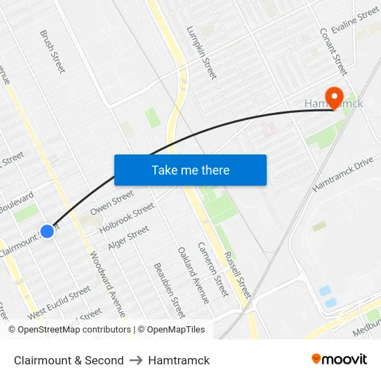 Clairmount & Second to Hamtramck map