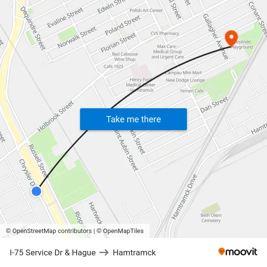 I-75 Service Dr & Hague to Hamtramck map
