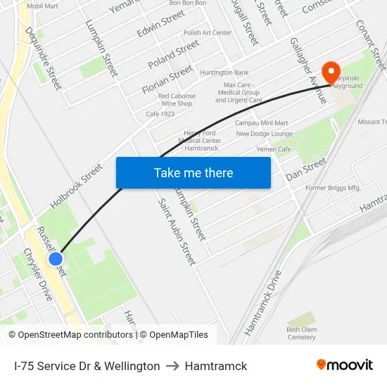 I-75 Service Dr & Wellington to Hamtramck map