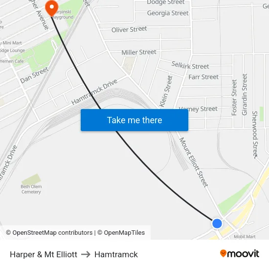 Harper & Mt Elliott to Hamtramck map