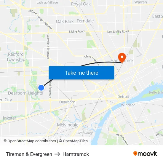 Tireman & Evergreen to Hamtramck map
