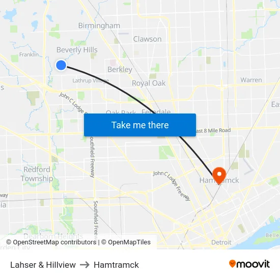 Lahser & Hillview to Hamtramck map