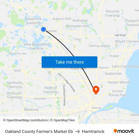 Oakland County Farmer's Market Eb to Hamtramck map