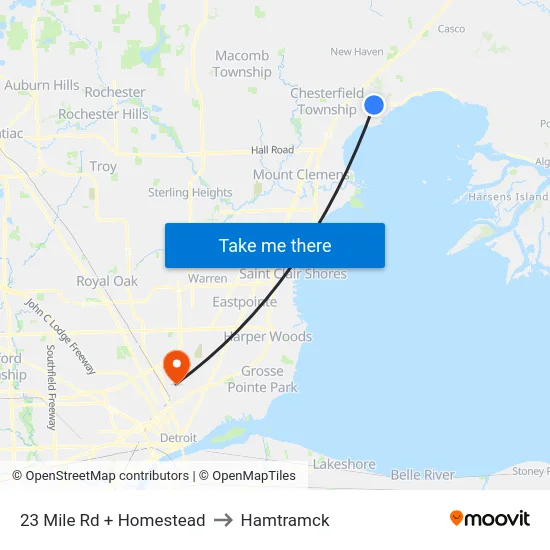 23 Mile Rd + Homestead to Hamtramck map