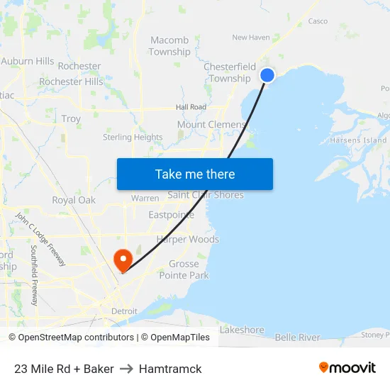 23 Mile & Baker to Hamtramck map