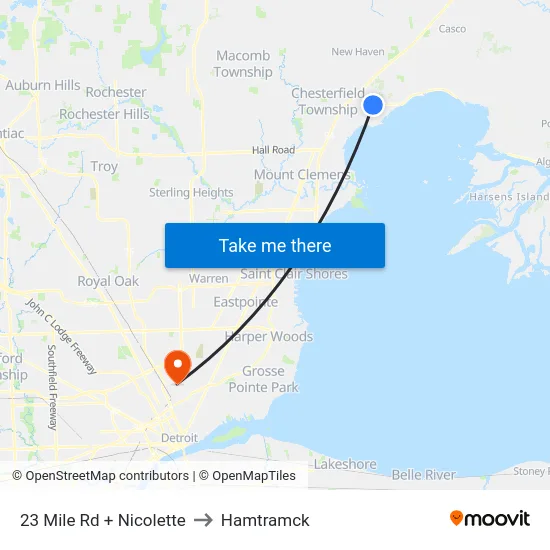 23 Mile Rd + Nicolette to Hamtramck map
