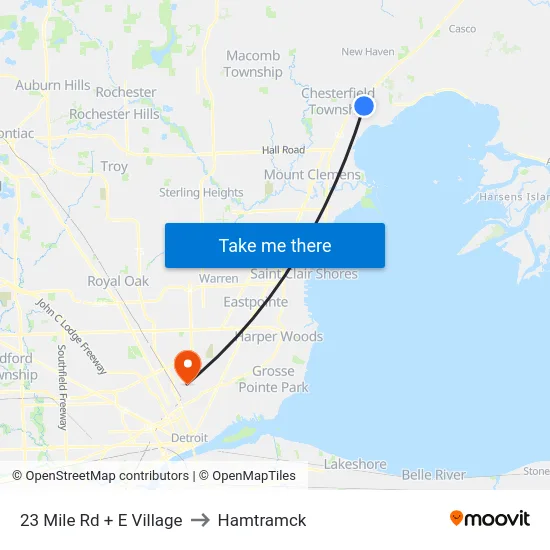 23 Mile Rd + E Village to Hamtramck map