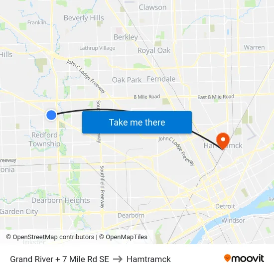 Grand River + 7 Mile Rd SE to Hamtramck map