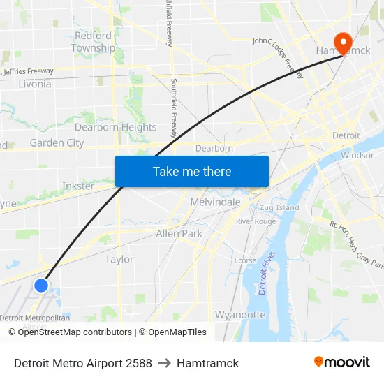 Detroit Metro Airport 2588 to Hamtramck map