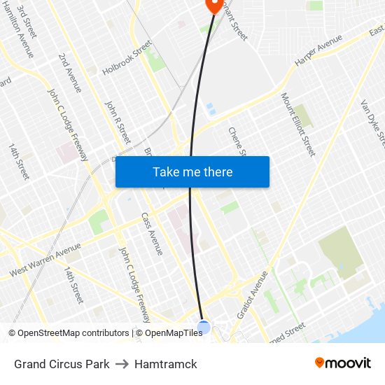 Grand Circus Park to Hamtramck map