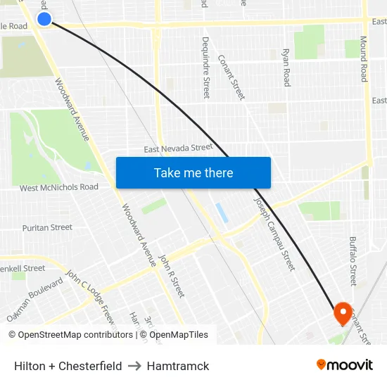 Hilton & Chesterfield to Hamtramck map