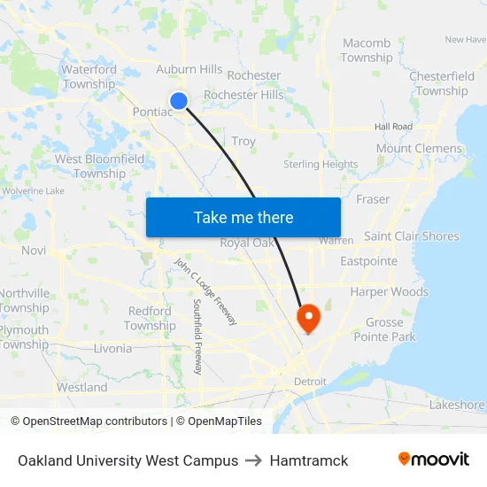 Oakland University West Campus to Hamtramck map
