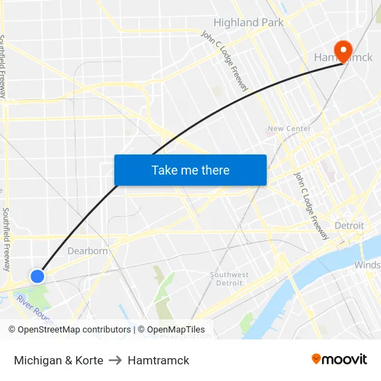 Michigan & Korte to Hamtramck map