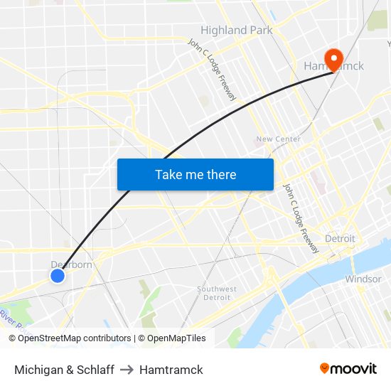 Michigan & Schlaff to Hamtramck map