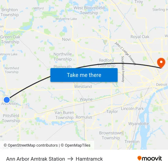 Ann Arbor Amtrak Station to Hamtramck map