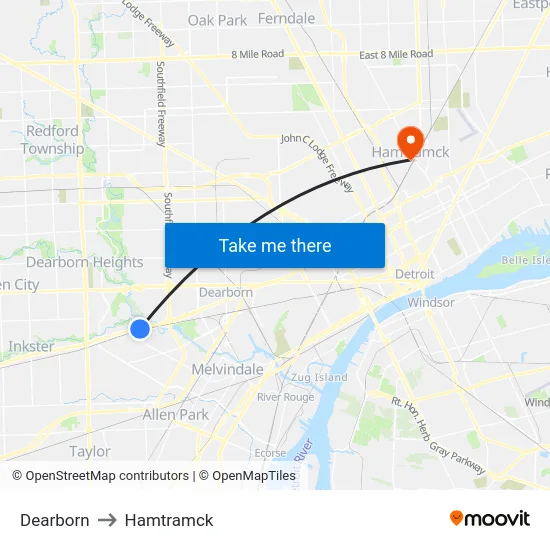 Dearborn to Hamtramck map