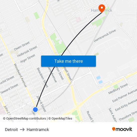 Detroit to Hamtramck map