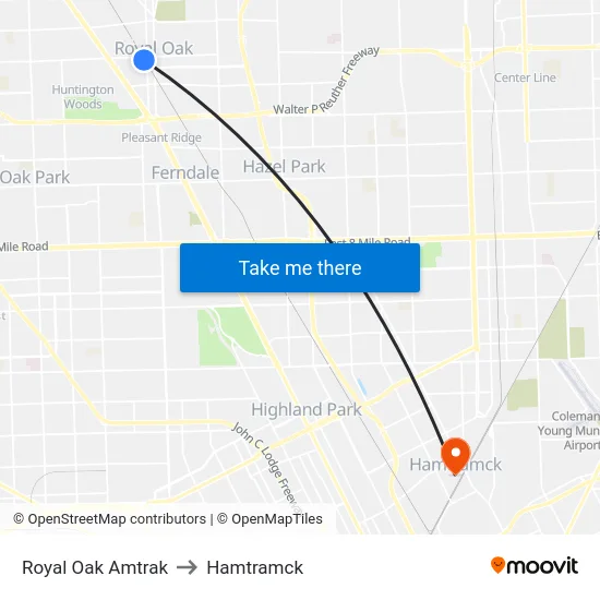 Royal Oak Amtrak to Hamtramck map