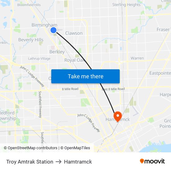 Troy Amtrak Station to Hamtramck map