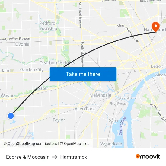 Ecorse & Moccasin to Hamtramck map