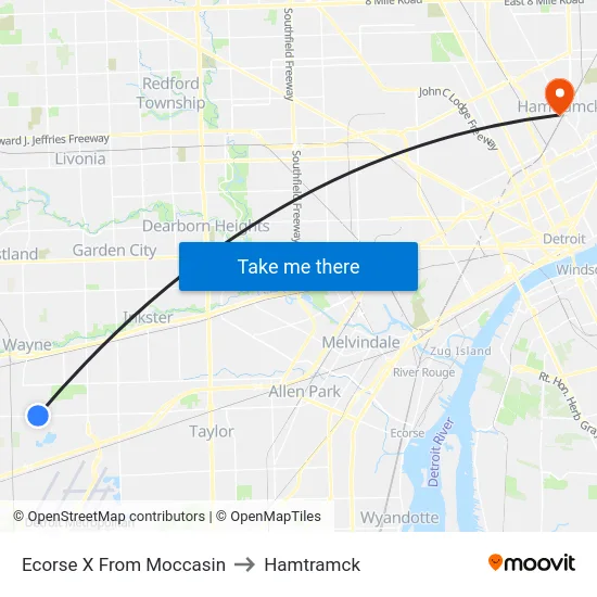 Ecorse @ Moccasin to Hamtramck map