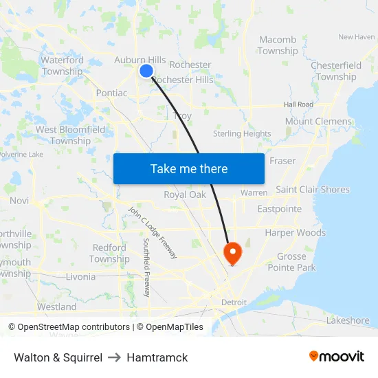 Walton & Squirrel to Hamtramck map