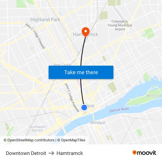 Downtown Detroit to Hamtramck map