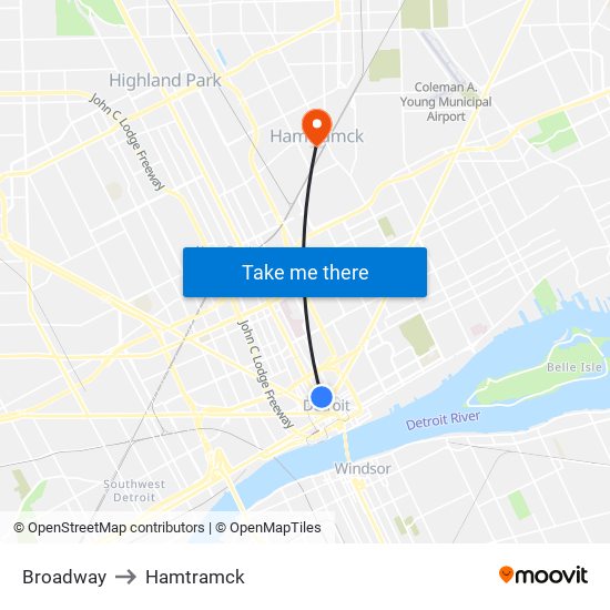 Broadway to Hamtramck map