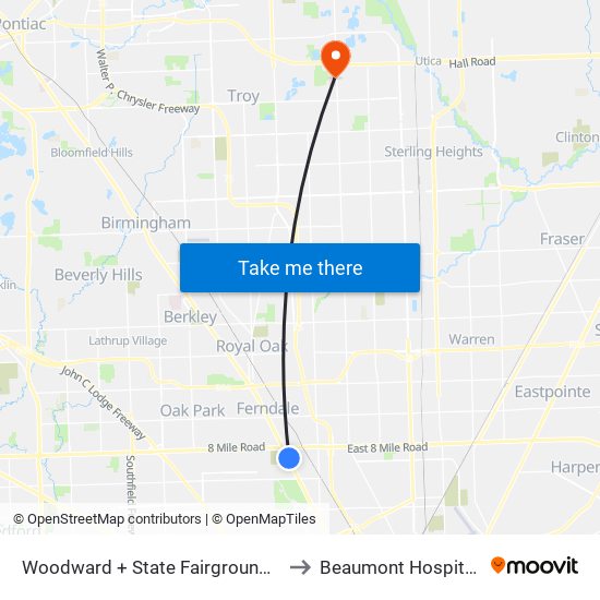 Woodward + State Fairgrounds Pickup to Beaumont Hospital Troy map