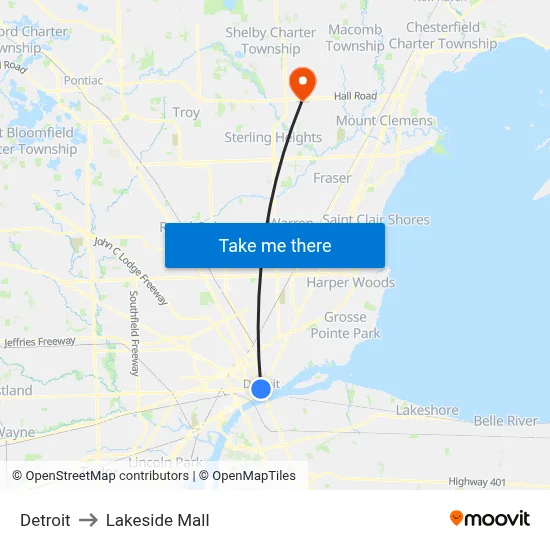 Detroit to Lakeside Mall map