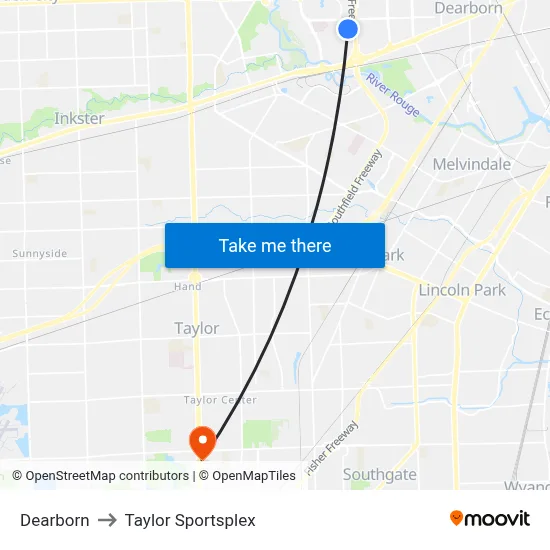 Dearborn to Taylor Sportsplex map
