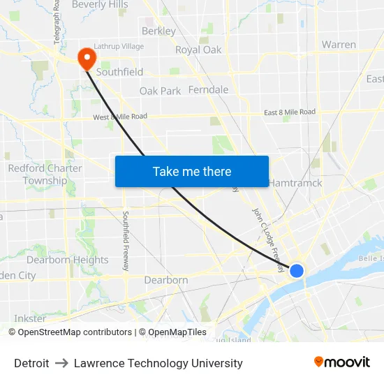 Detroit to Lawrence Technology University map